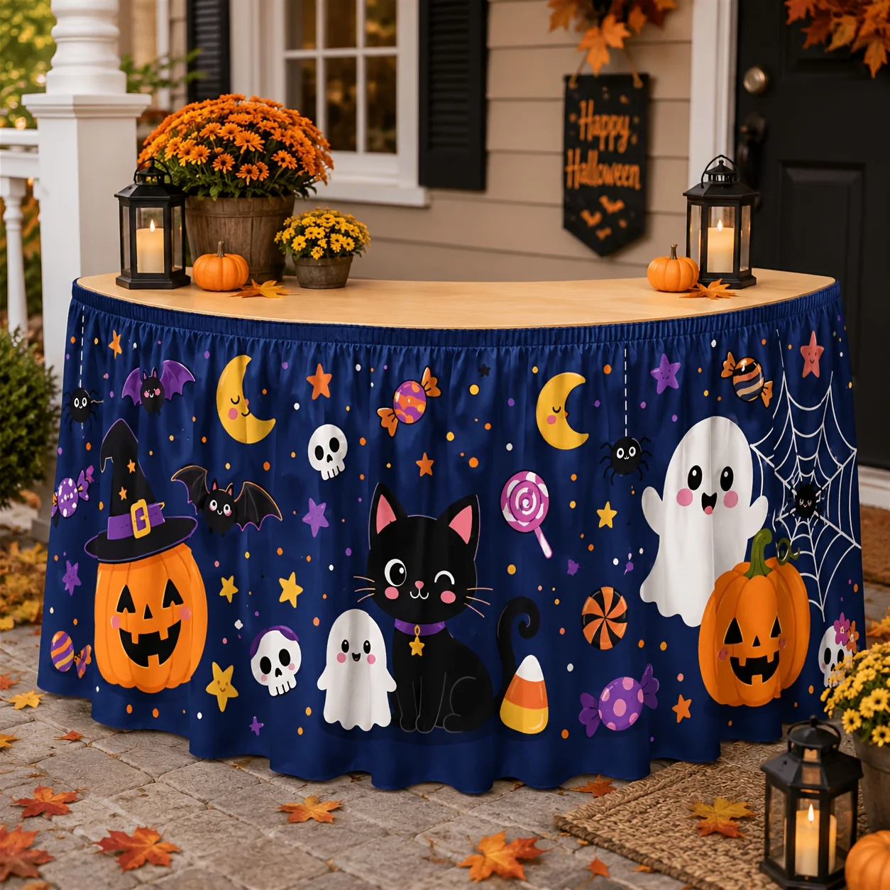 1 tablecloth table skirt, dark blue cute cartoon Halloween table skirt, pig head lamp pumpkin witch hat.