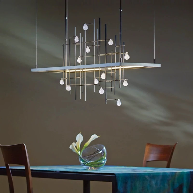Contemporary Crystal Linear Chandelier LED Hanging Light Modern Metal Grid Pendant Lamp for Dining Room Kitchen Island Art