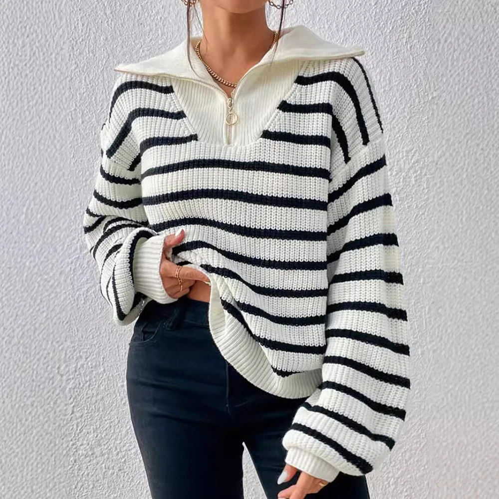 

Женский трикотаж в черно-белую полоску, свободный с открытыми плечами и рукавами-фонариками, модный повседневный европейский стиль, полуоткрытый воротник