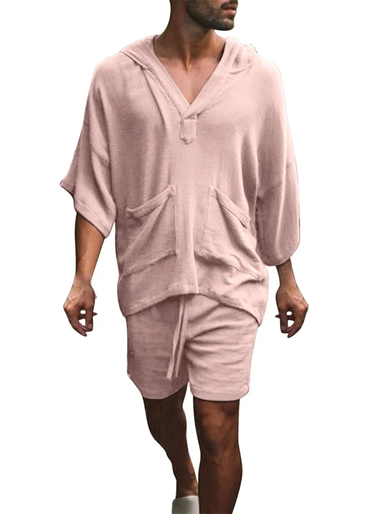 2026 Sommer Herren Einfarbiges Baumwoll-Leinen Zweiteiler-Set V-Ausschnitt Halbarm T-Shirt Lockere Shorts Atmungsaktiv Urlaub Alltag Lässig Passend – Detail 6