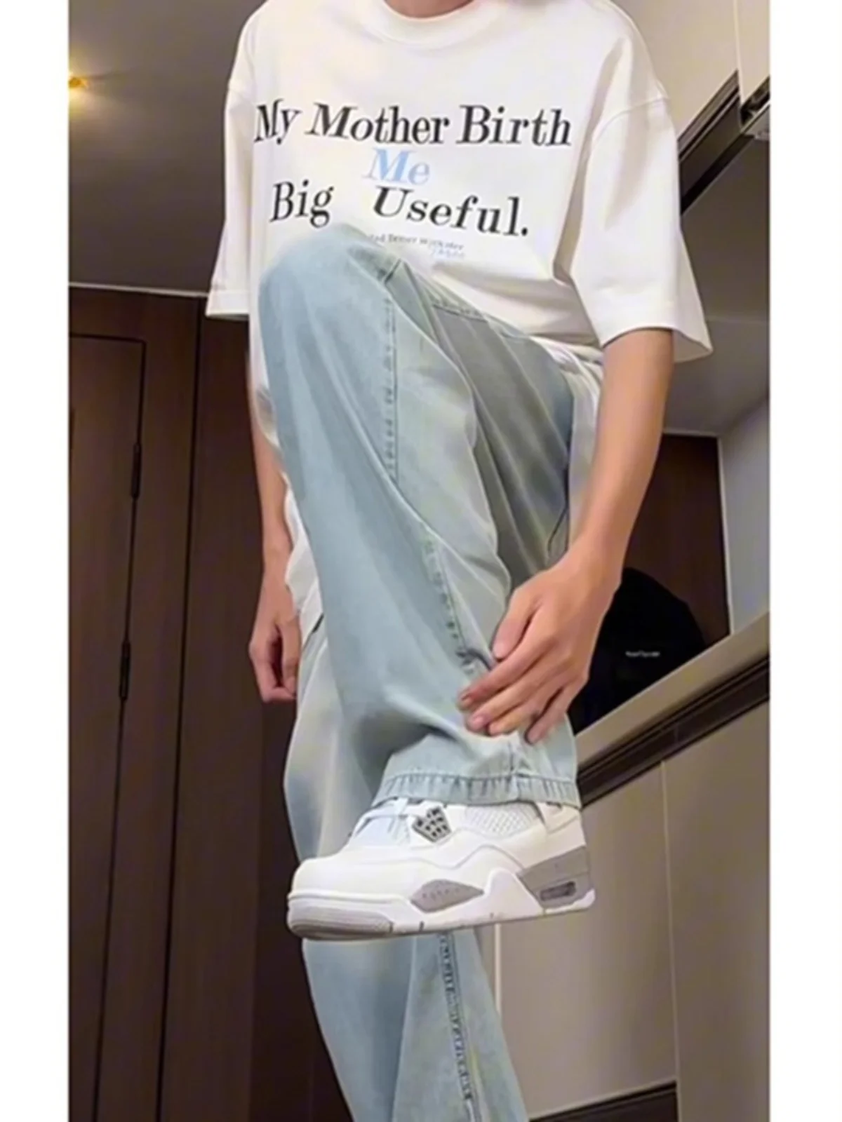 

Light Blue High Waist Ice Silk Jeans Men Summer Thin Cleanfit Pants Extended Length Tall Men Workwear Wide Leg Jeans