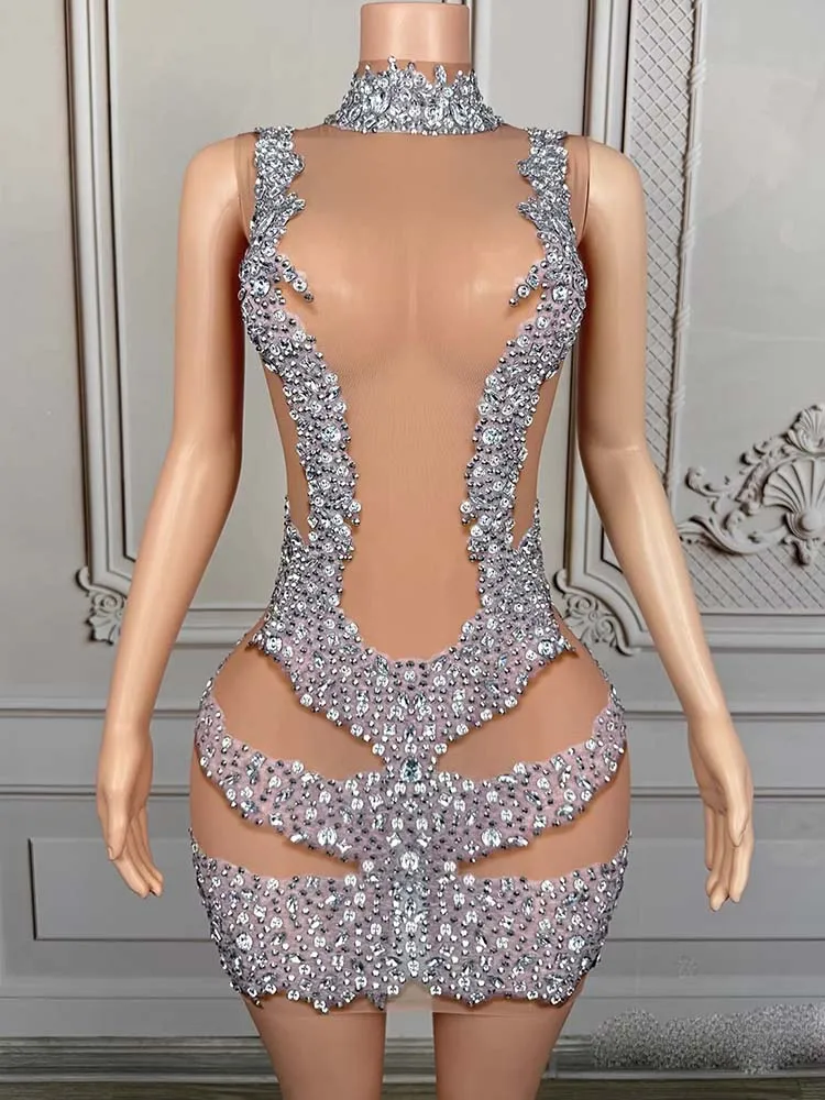 Hochwertiges, heißprägenes, sexy elastisches Mesh-Kleid, 2025, neue Mode, individuelle Damenbekleidung