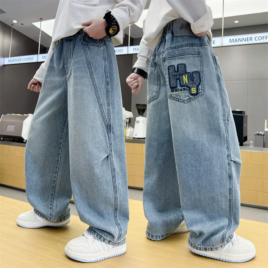 

Classic New Kids Designer Baggy Jeans Y2K Street Trousers for Teen Boy Spring Autumn Style Blue Denim Pants 5 6 7 8 9 10 12 14Y
