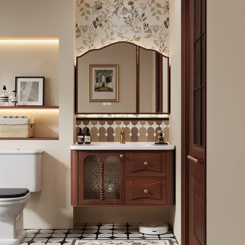 Sink Wooden Bathroom Cabinet Corner Floating Natural Vintage Bathroom Cabinets Makeup Mirror Badezimmer Schrank Home Furniture