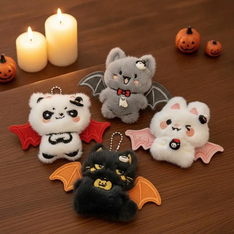 Halloween Plush Keychain Spooky Kawaii Pumpkin Bat Cartoon Pendant Soft Stuffed Backpack Decor for Holiday Party Small Gift