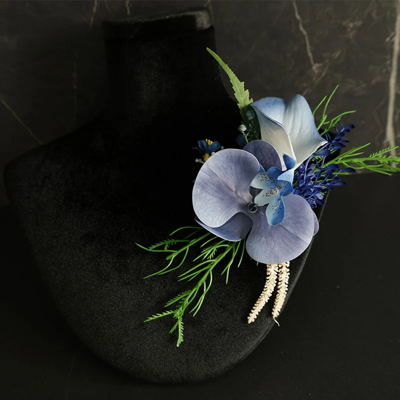 

25021 Blue Bohemian Rose Flower Corsage & Wristlet Set - Perfect for Brides, Groomsmen, and Wedding Decorations