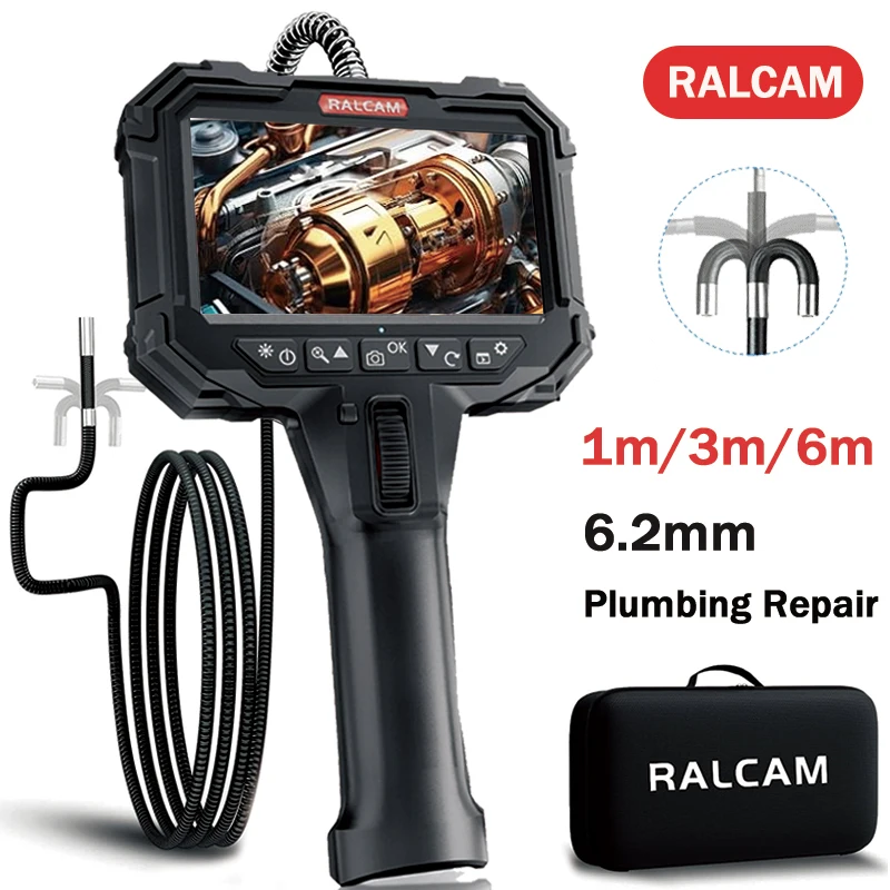 Ralcam Endoscope Camera with Light, Endoscope Camera with 210° Movable Head,  5 Inch HD Screen, 1-6M Cable for Car and Home