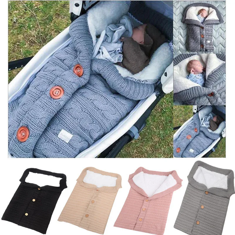 Newborn Baby Winter Stroller Sleeping Bags Infant Outdoor Button Knit Warm Swaddle Wrap Toddler Thick Blanket Baby Sleeping Bag