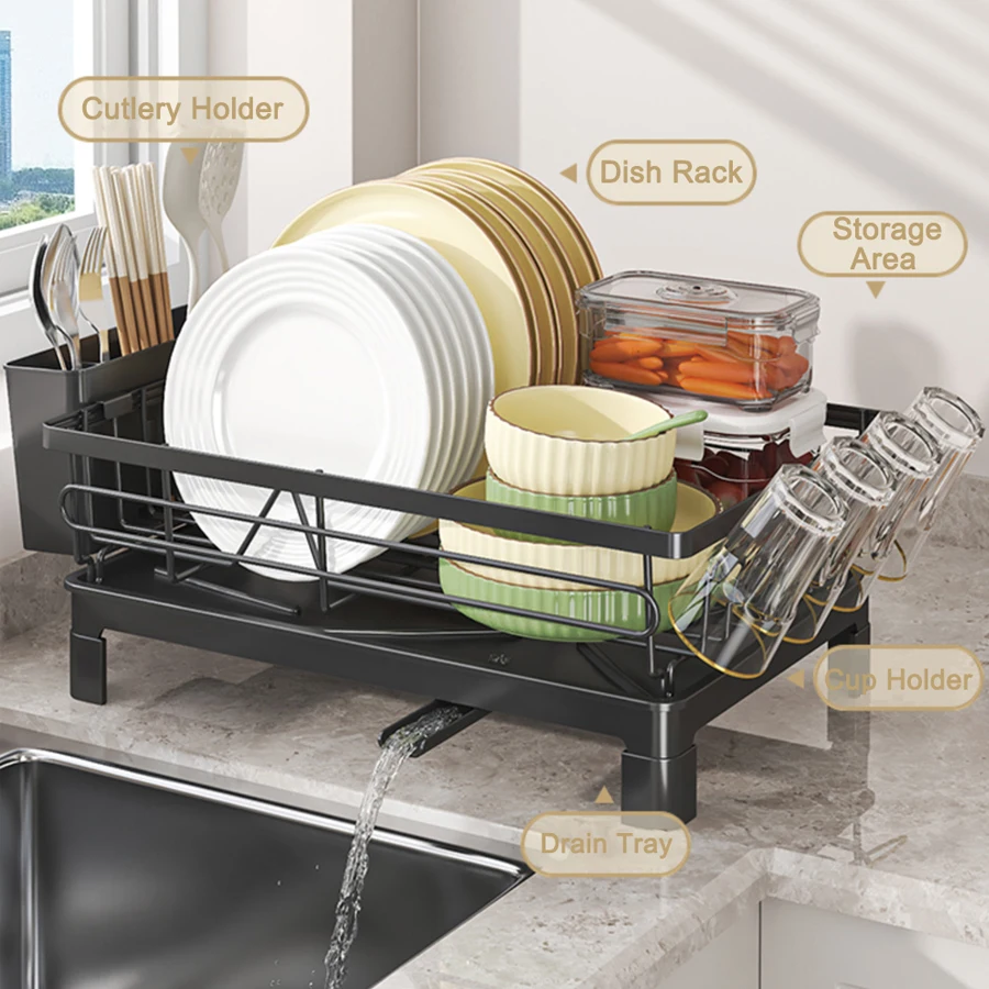 Dish Drainer, Drying Rack with Cup Holder & Utensil Holder, Metal Dish Rack, Anti-Slip Design, Suitable for 1-3 Person