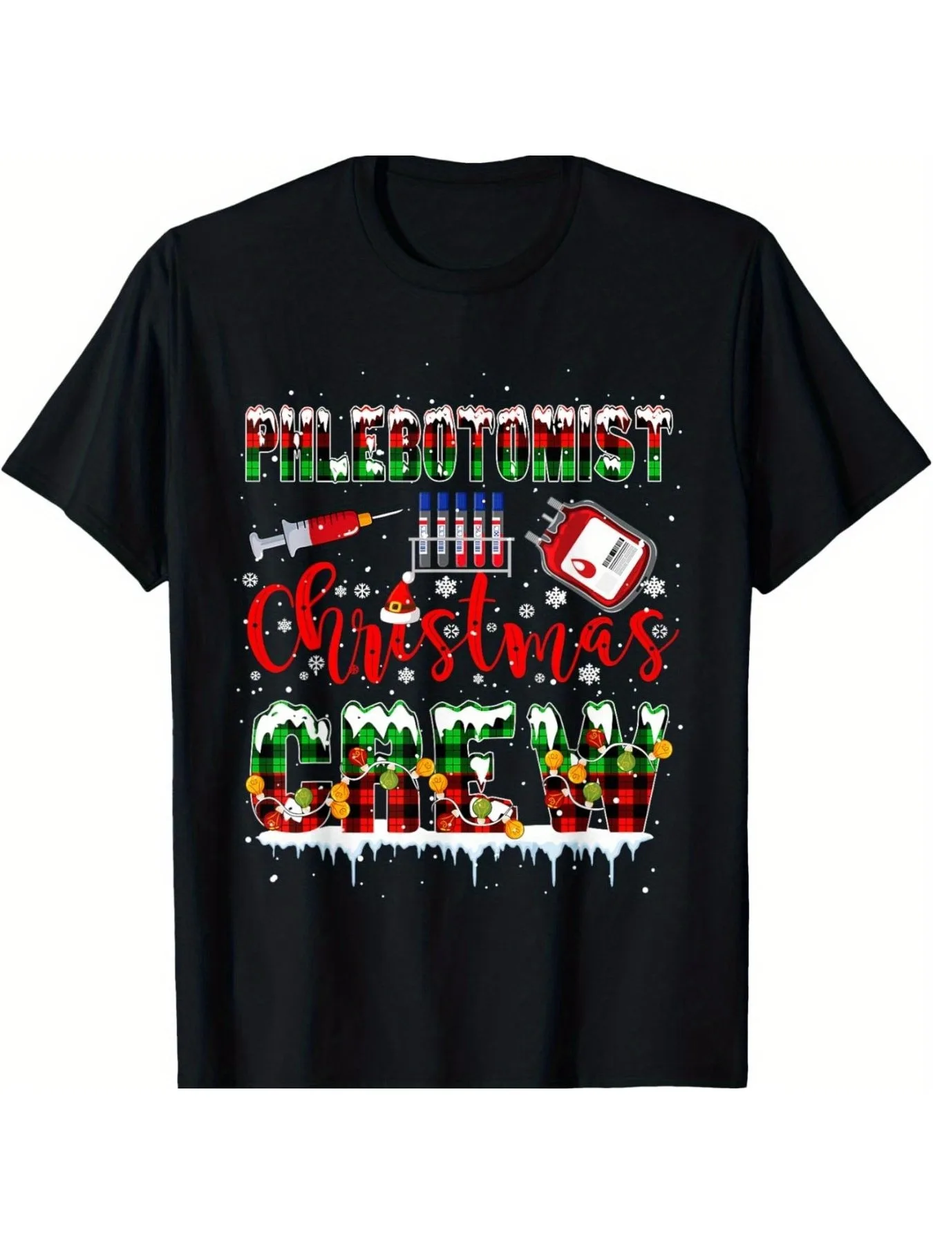 [Fast Arrival] Phlebotomist Christmas Crew Xmas Matching Funny Job Team T-Shirt for Men Women, Christmas Halloween New year Thanksgiving day Gift for Men Women Dad Mom Friend, Unisex Soft Fabric   Black Tee