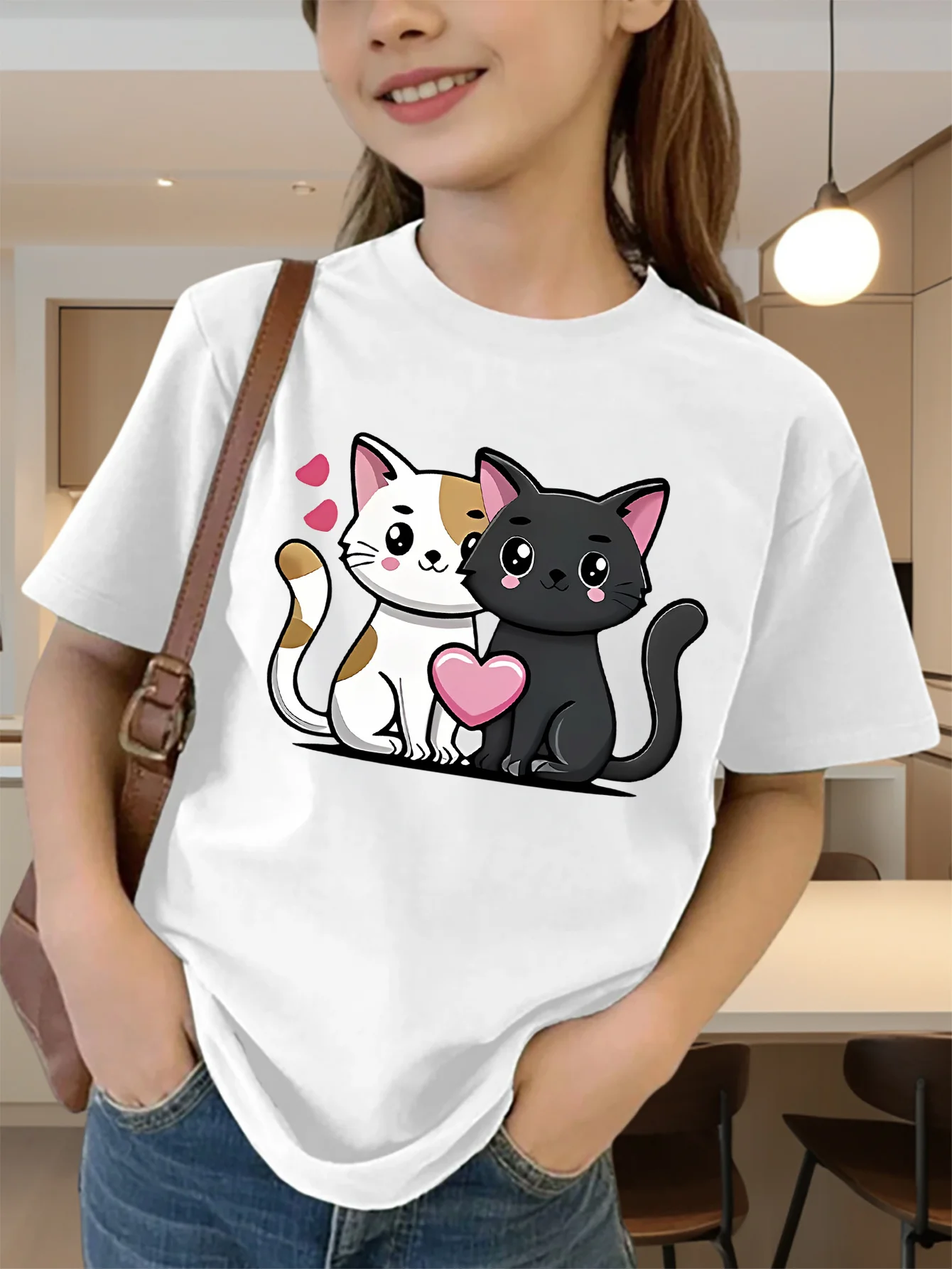 Cute Two Kittens Pink Heart Print Graphic Kids Tee Boys Girls Family Matching Cotton Crew Neck Short Sleeve Soft Summer Tee