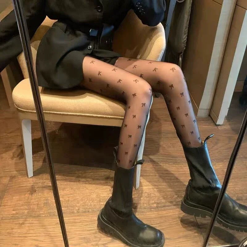 Women Mini Bow Print Sheer Mesh Tights Black See Through Fishnet Pantyhose  Fashion Party Pantyhose