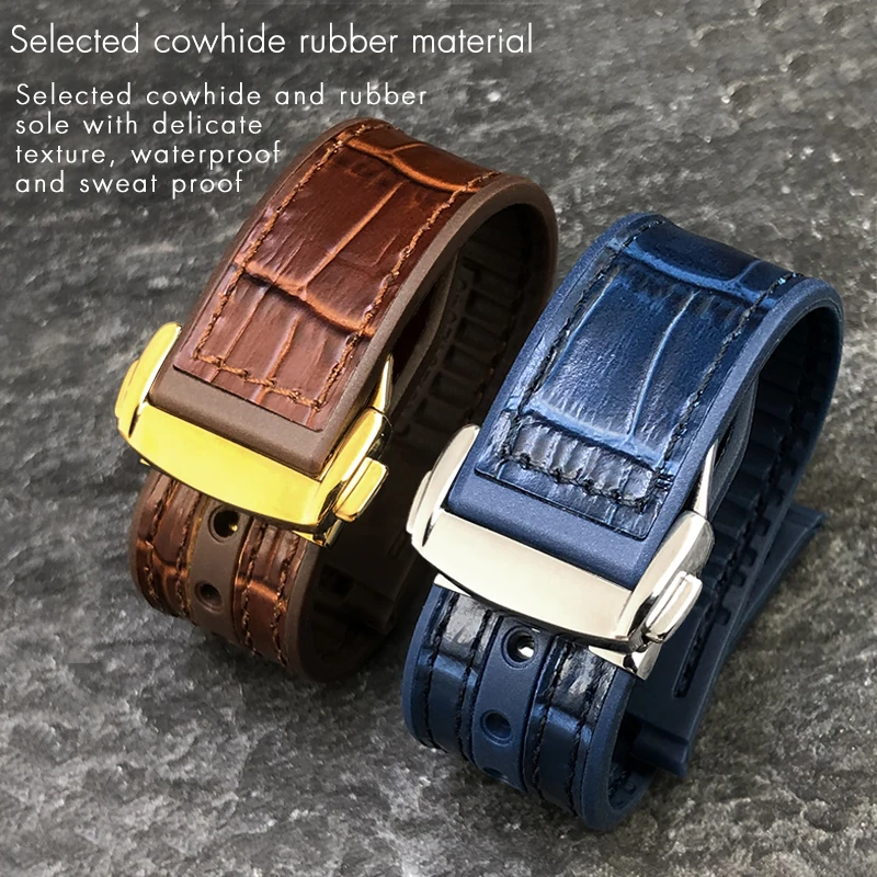 Notch Cowhide Layer Rubber Bottom Watchband 25*14mm Fit for Omega Constellation Observatory Black Watch Strap Fold Over Clasp