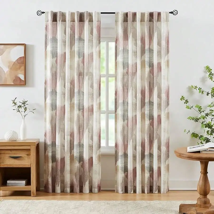 Semi Sheer Rod Pocket Curtains With Abstract Botanical Print Vintage Farmhouse Style Window Treatment 2 Panels