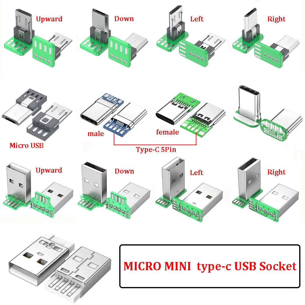 MICRO MINI 5P Type-C USB To Dip PCB Converter Adapter 90 Degree Right Angle Breakout Board Repair Welding Socket Connector Port