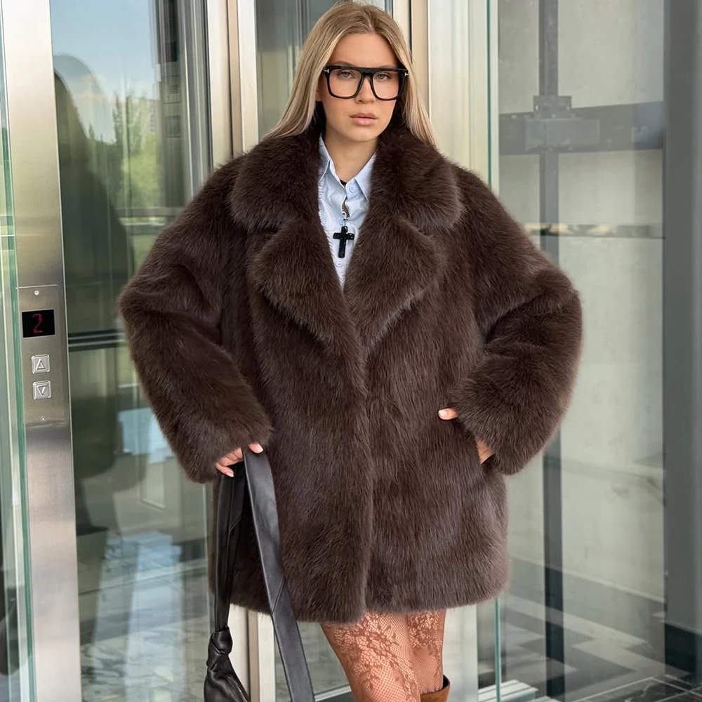 Tuularose Women Elegant Faux Fur Coat Warm Fluffy Loose Long Sleeve Lapel Jacket Fall Winter Fashion High Street Lady Outerwear