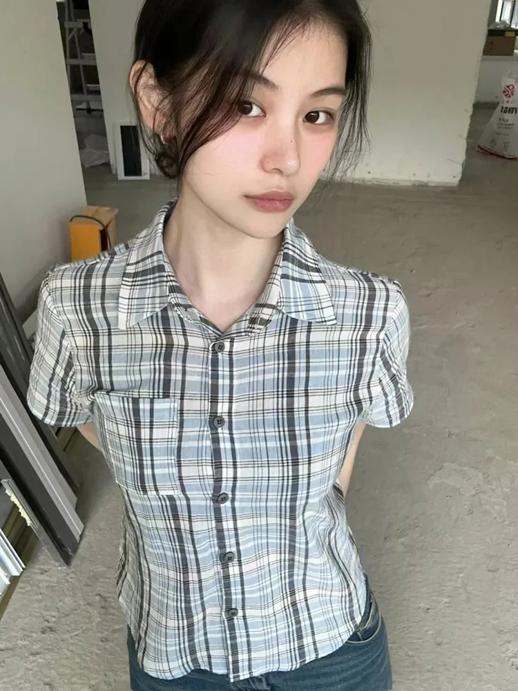 

Jmprs Pure Cotton Women Plaid Shirt Vintage American Short Sleeve Slim Pocket Blouse Retro Casual Single Breasted Female Tops