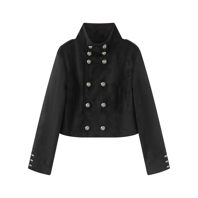 Women's Motorcycle Jacket, High Neck Double Row of Metal Buttons Epaulette Details Short Slim-Fit Biker Jacket