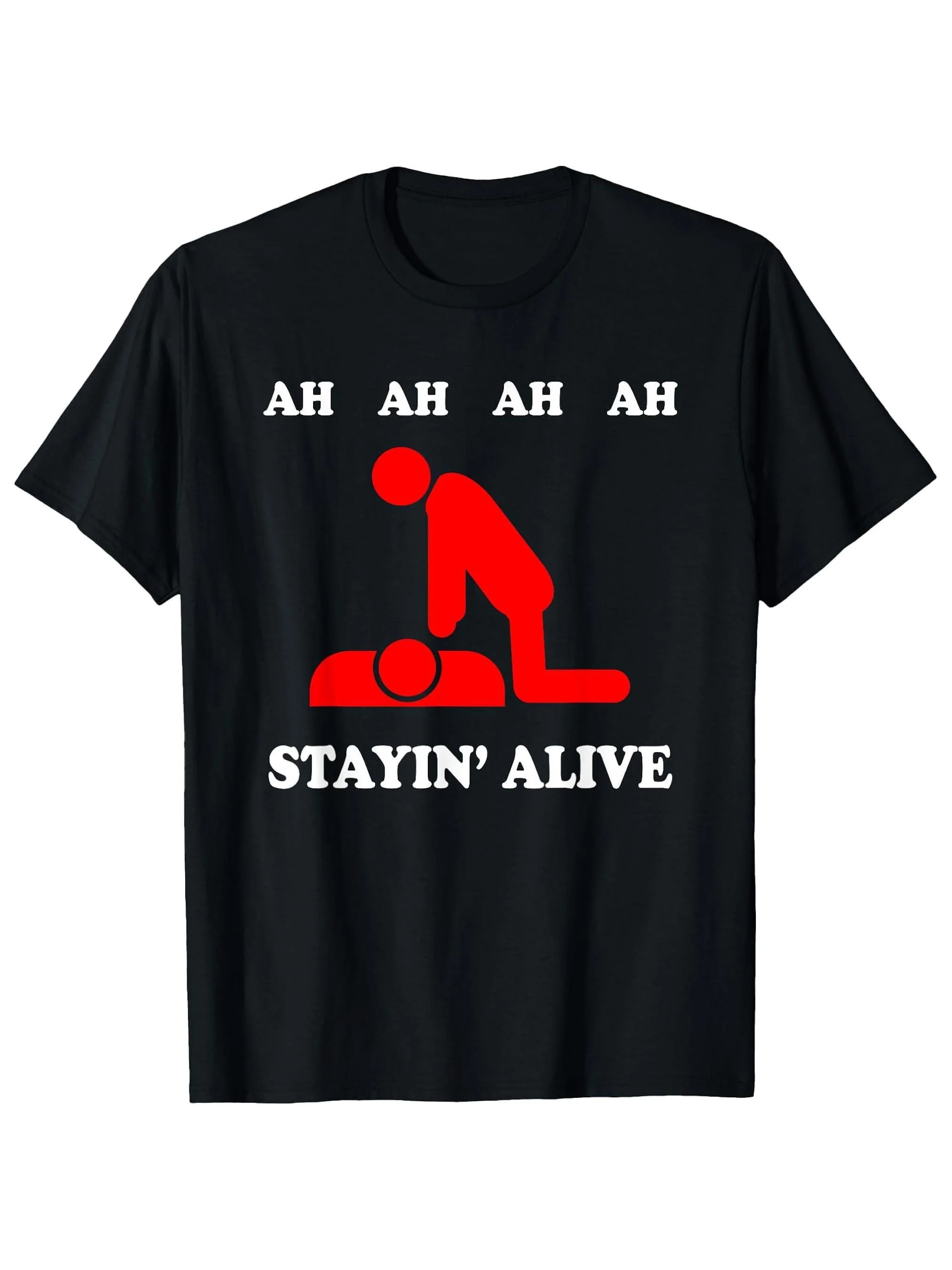T-shirt d'entraînement RCP pour hommes - T-shirt RCP respirant avec motif RCP rouge et texte « Stayin Alive » - Design humoristique pour exercices de RCP en cas d'incendie