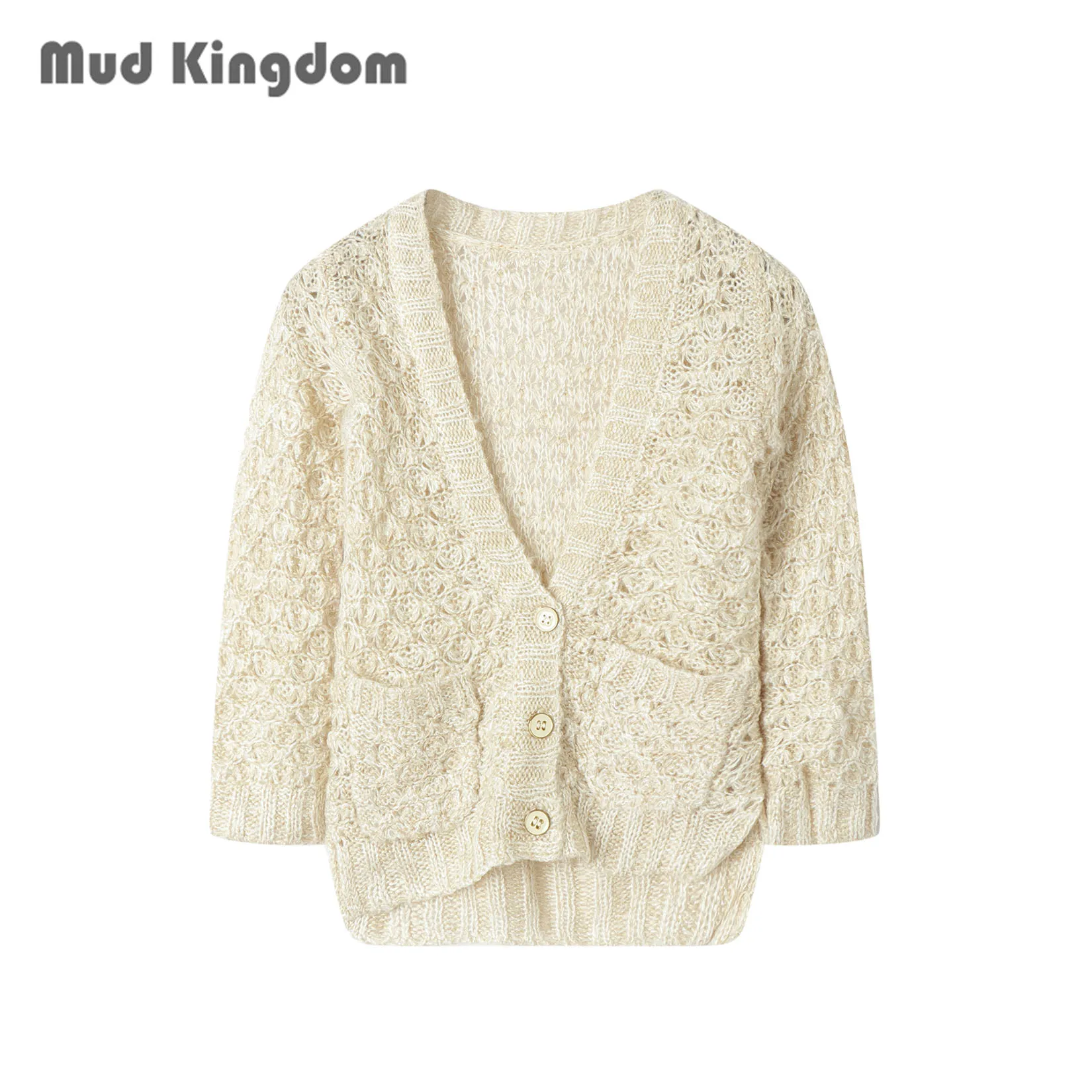 Mudkingdom Girls Cardigan Sweater with Pockets Long Sleeve V-neck Hollow Out Crochet Sweaters for Kids Fall Clothes Solid Color