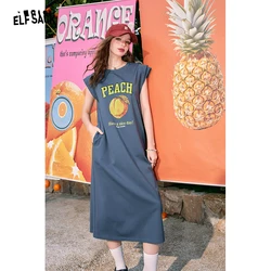 ELFSACK 2024 summer new arrival Blue slit small slim casual printed T-shirt dress for women