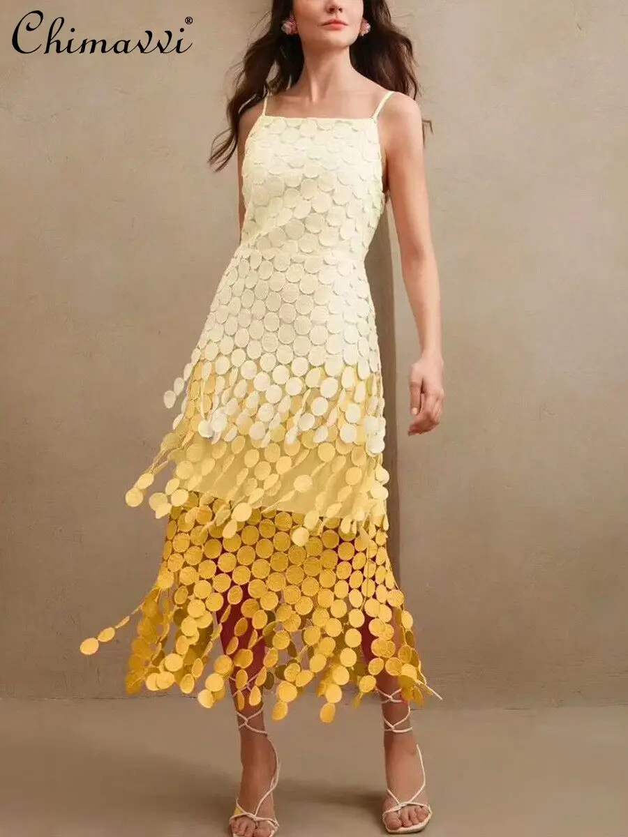 

French Elegant Sleeveless Sling Evening Dresses Hollow Embroidery Irregular High Waist A-line Split Long Dress Women 2026 Summer