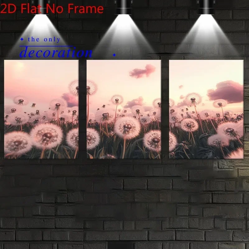 2D Flat, 2D Flat, 3pcs Frameless 2DFLAT Pink Dandelion Meadow Art Decor Canvas Paintings, Fashion Style Wall Art Decoration,