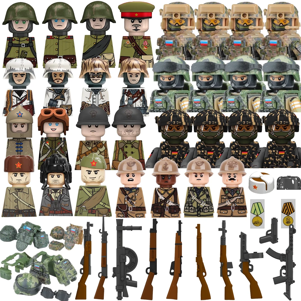 MOC военные спецназ солдатские фигурки строительные блоки оружие советские французские армейские пистолеты рюкзак шлем жилеты игрушка в подарок T015