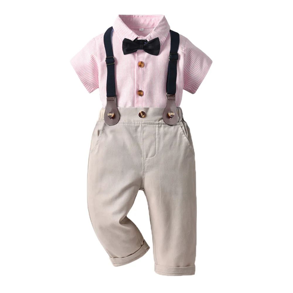 

Boys Handsome Two Piece Set Suspender Black Bow Tie Children Formal Event Multi Color Kids Striped Short Sleeve Shirt Long Pants