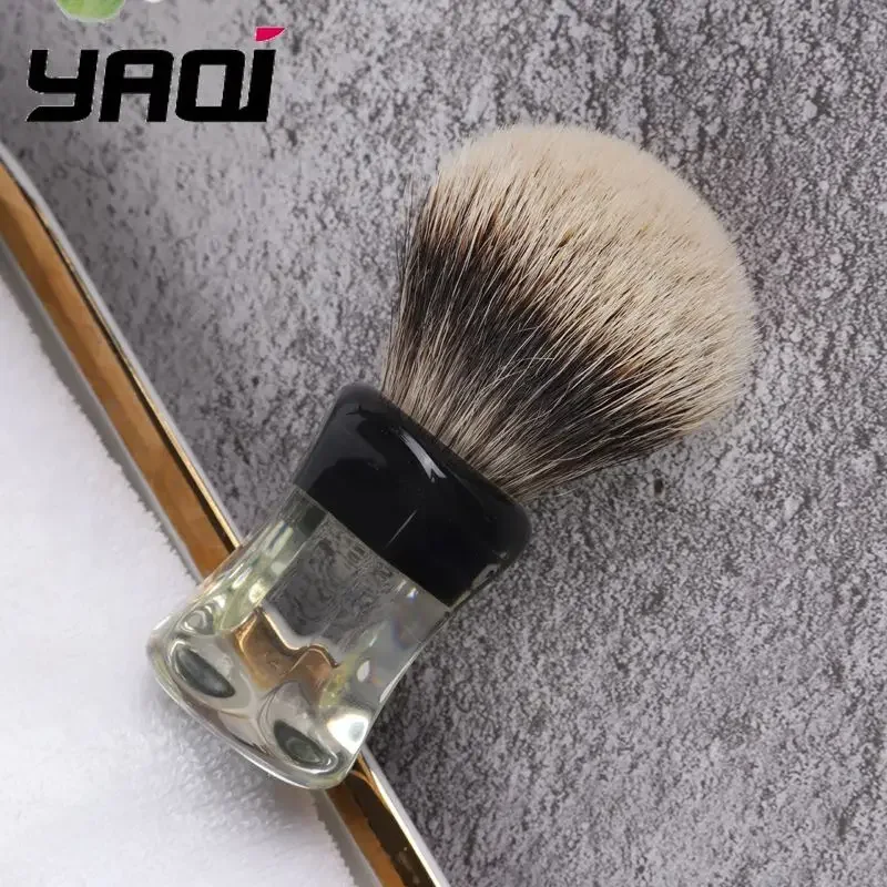 yaqi-24mm-ひげブラシ-男性用-2バンドアナグマ毛-クリアハンドル-ウェットシェービングブラシ