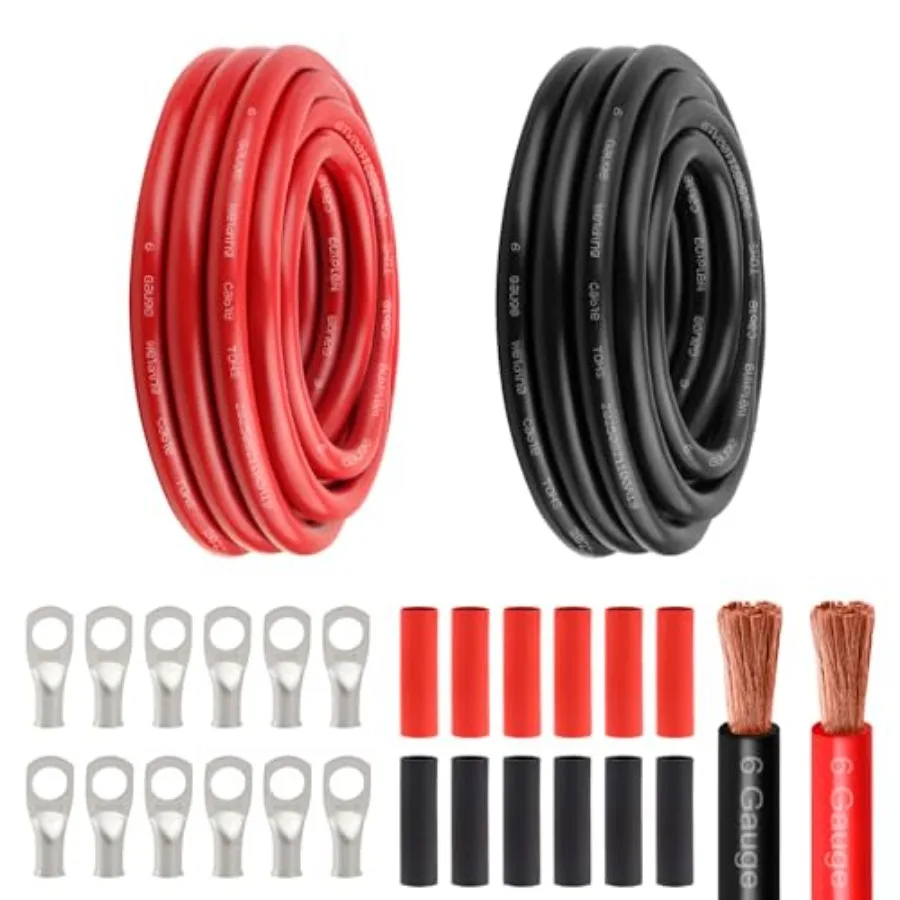 

6 Awg Battery Power Cable -15FT Red + 15FT Black 6 Gauge Flexible Welding Cable OFC Copper Wire with Lugs Terminal Connectors a