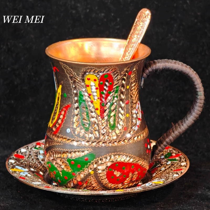 

Vintage Copper Coffee Mug,Handcrafted With Disc Spoon Breakfast Cup,Multicolor Pattern Random Painted Unique Gift Mug Tableware