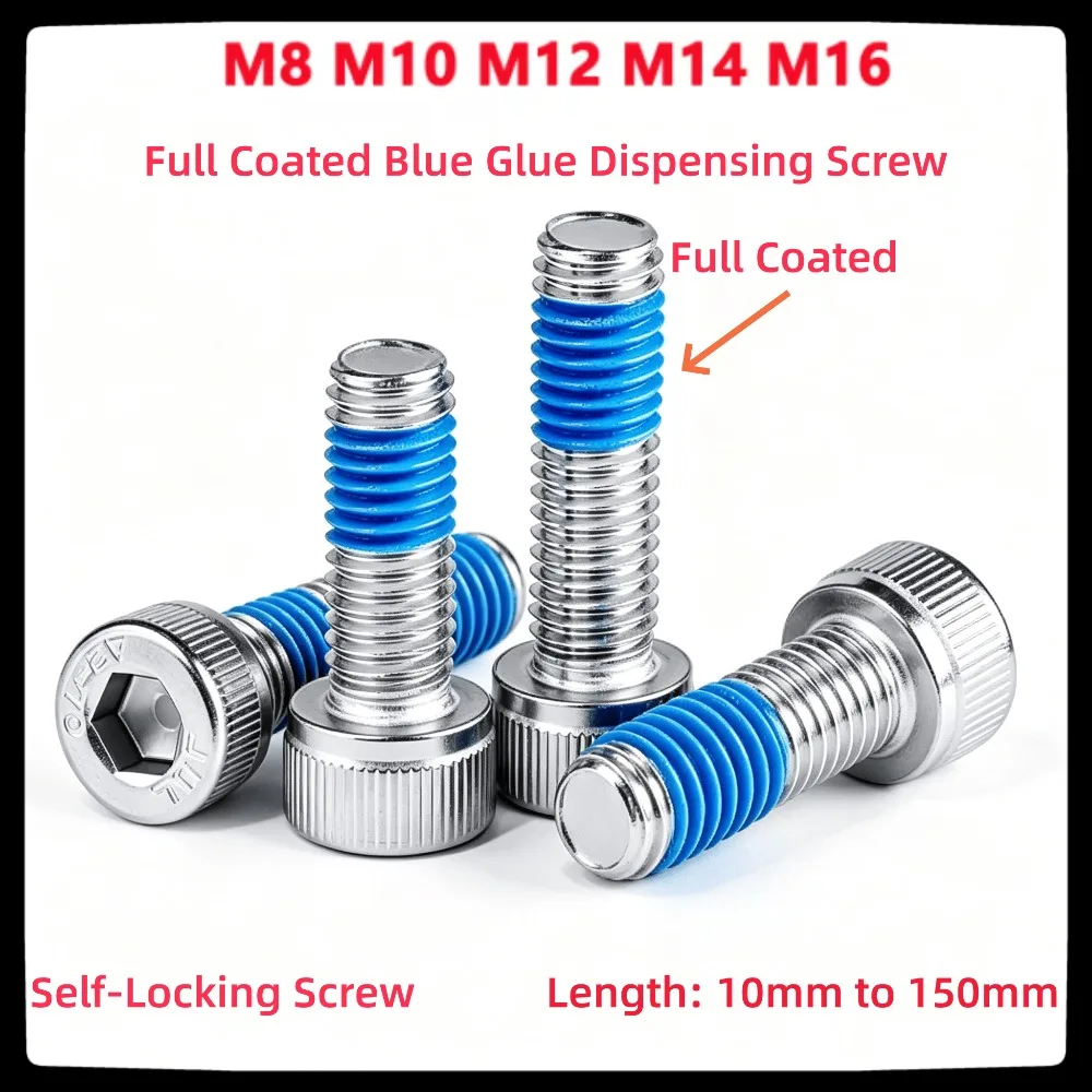 M8 M10 M12 M14 M16 304 Stainless Steel Hex Socket Head Cap Bolt, Blue Glue Dispensing Full Coated Screw L10-150mm