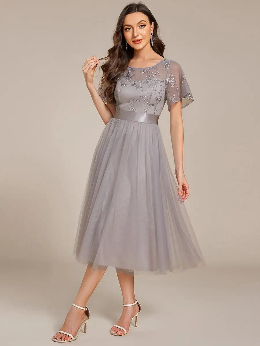 

Elegant Evening Dress Round Neck Short Sleeve Embroidery See-through Knee-length 2025 Ever Pretty of Grey Tulle Bridesmaid Dress