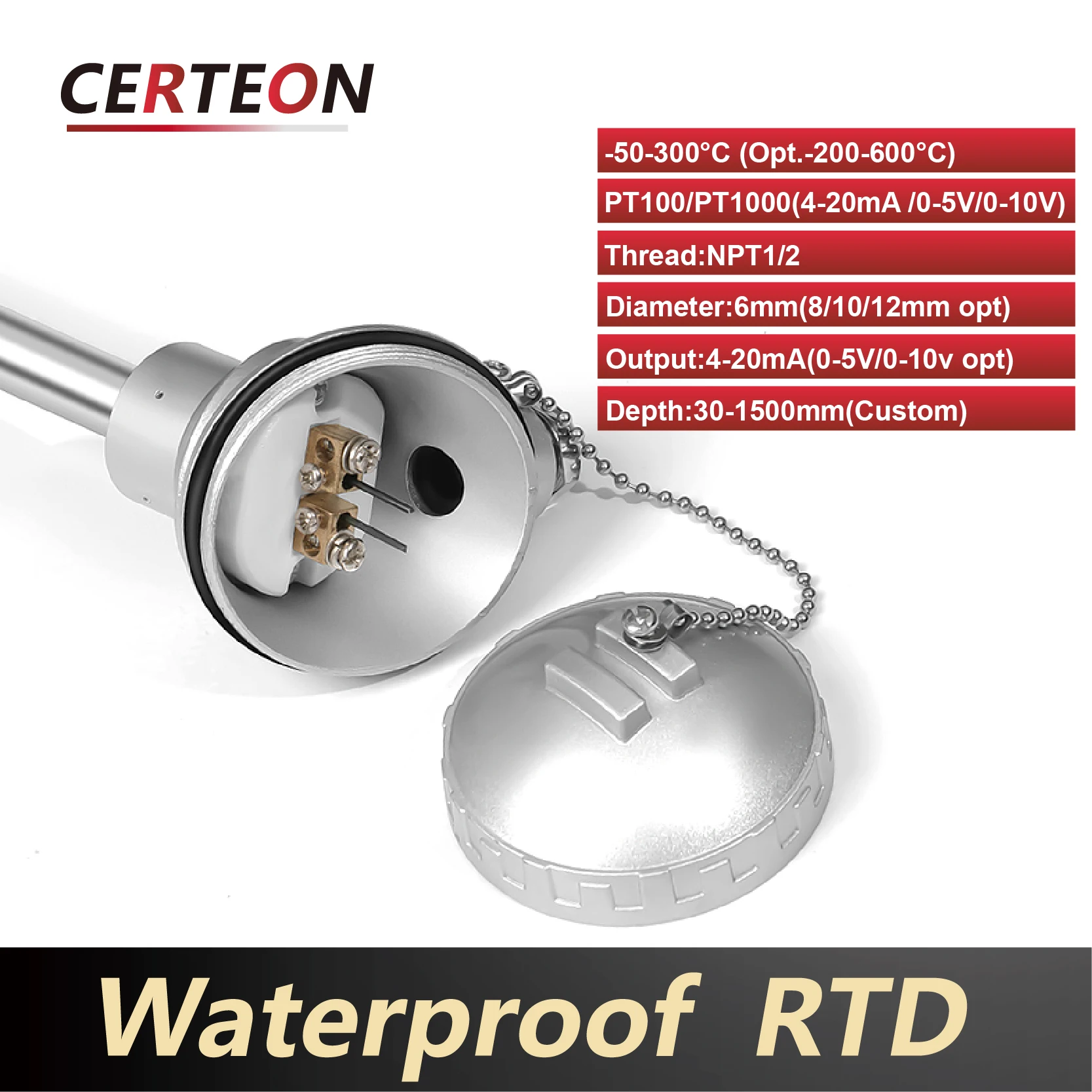 

Waterproof PT100 RTD Temperature Transmitter 4-20mA Output Stainless Steel Probe for Liquid Measurement