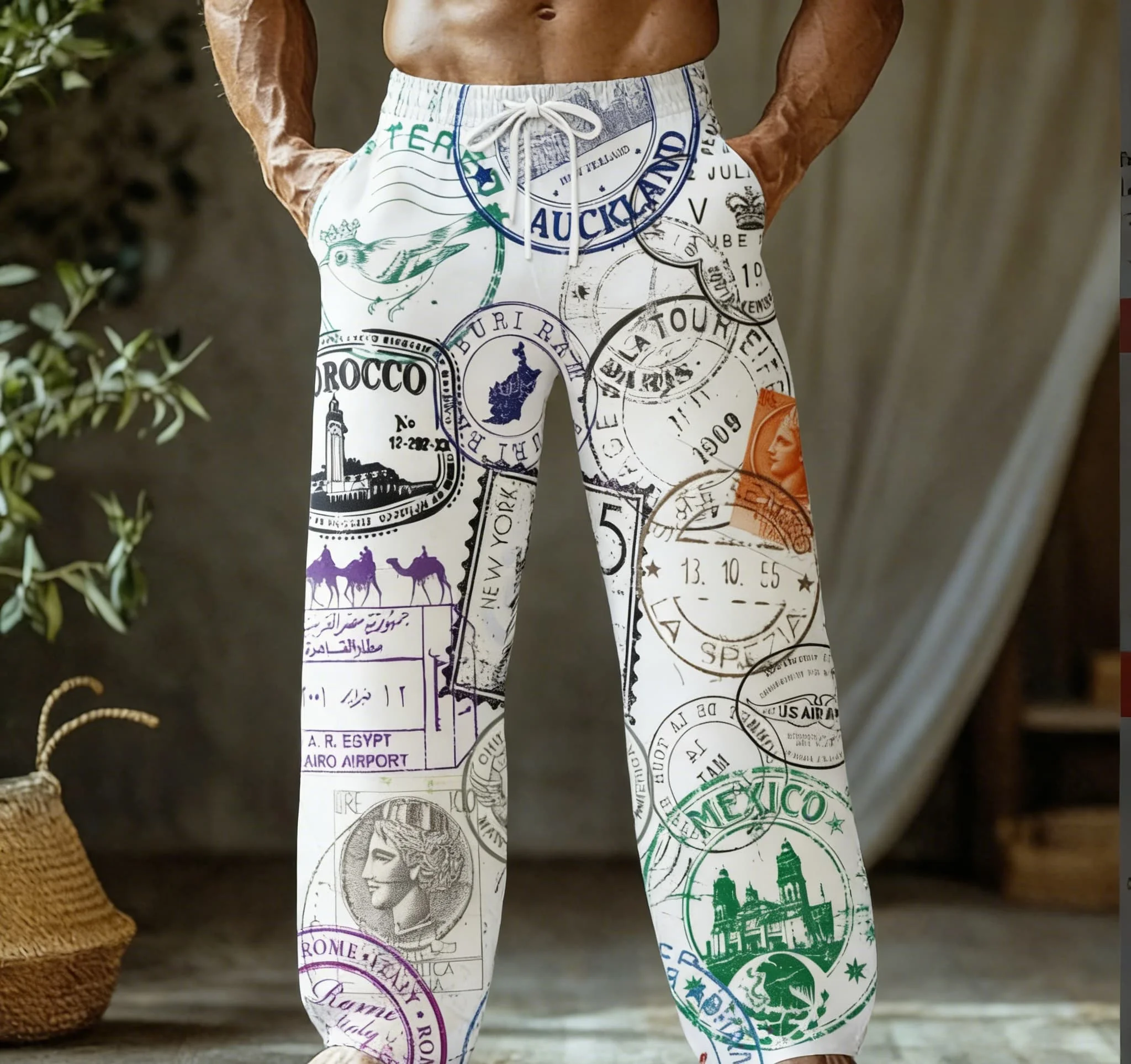 Men's Summer Thin Quick-Dry Hawaiian Beach Pants, Loose Fit, Casual, Retro Passport Stamp Print