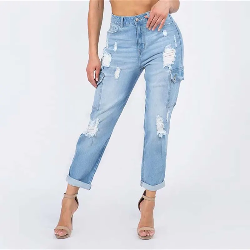 Multi-pockets Splicing  Sexy Hip Denim Pants Wide Leg Fashion Zipper Loose Splicing High Waist Jeans Clothing Knee Holes