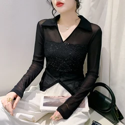 2024 Spring Summer Black Mesh T-shirt Women Sequined Stretchy Tees T Shirts Girl Polo V Neck Irregular Hem Split Top