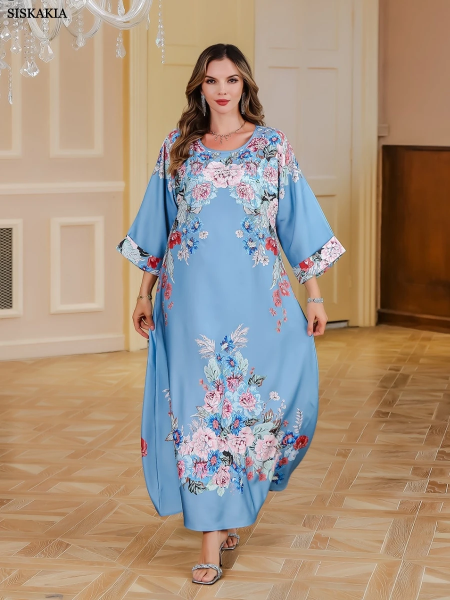 Siskakia Ramadan Dubai Elegant Floral Print Maxi Dress Muslimc Women Folds Sleeve Abayas Dubai O-Neck Kaftan