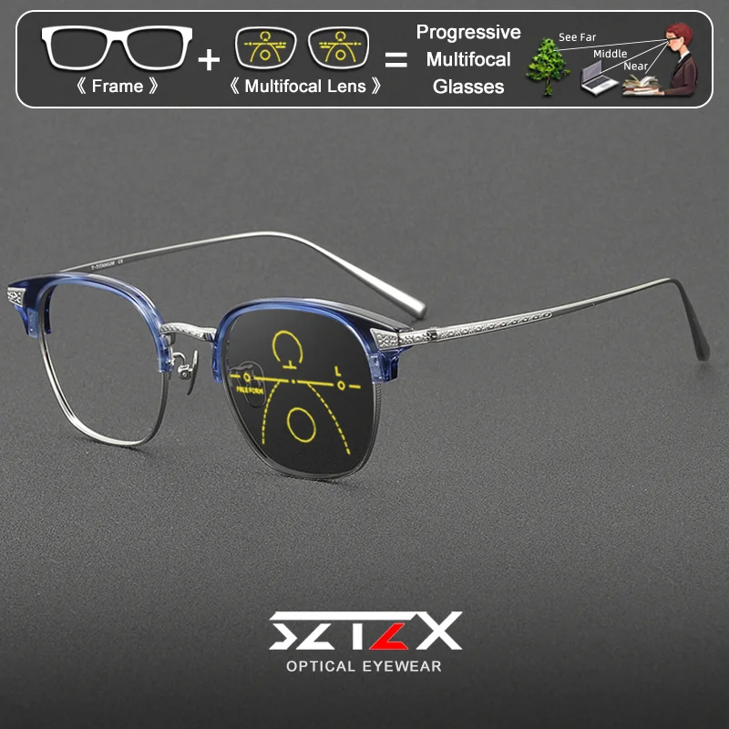 SZTZX Casual Retro Pure Titanium Men's Eyebrow Frame Prescription Glasses Anti Blue Ray Photochromic Progressive Optical Eyeware
