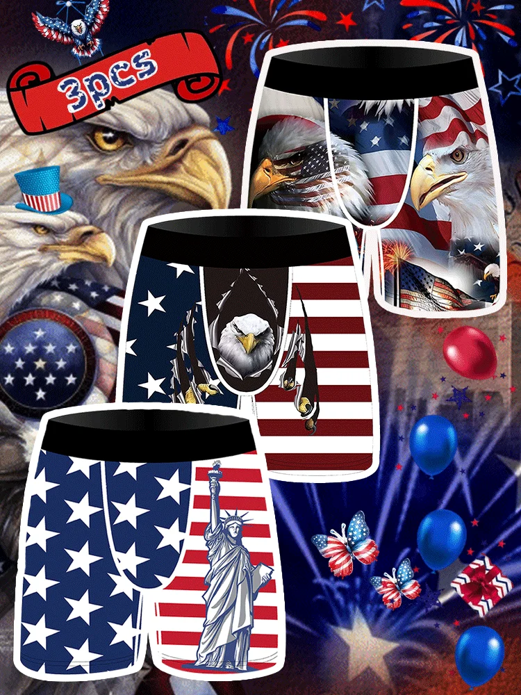 3PCs MEN'S Underwear Comfortable and Fashionable American Independent Eagle Printed Boyshort Swimming Trunks for Men