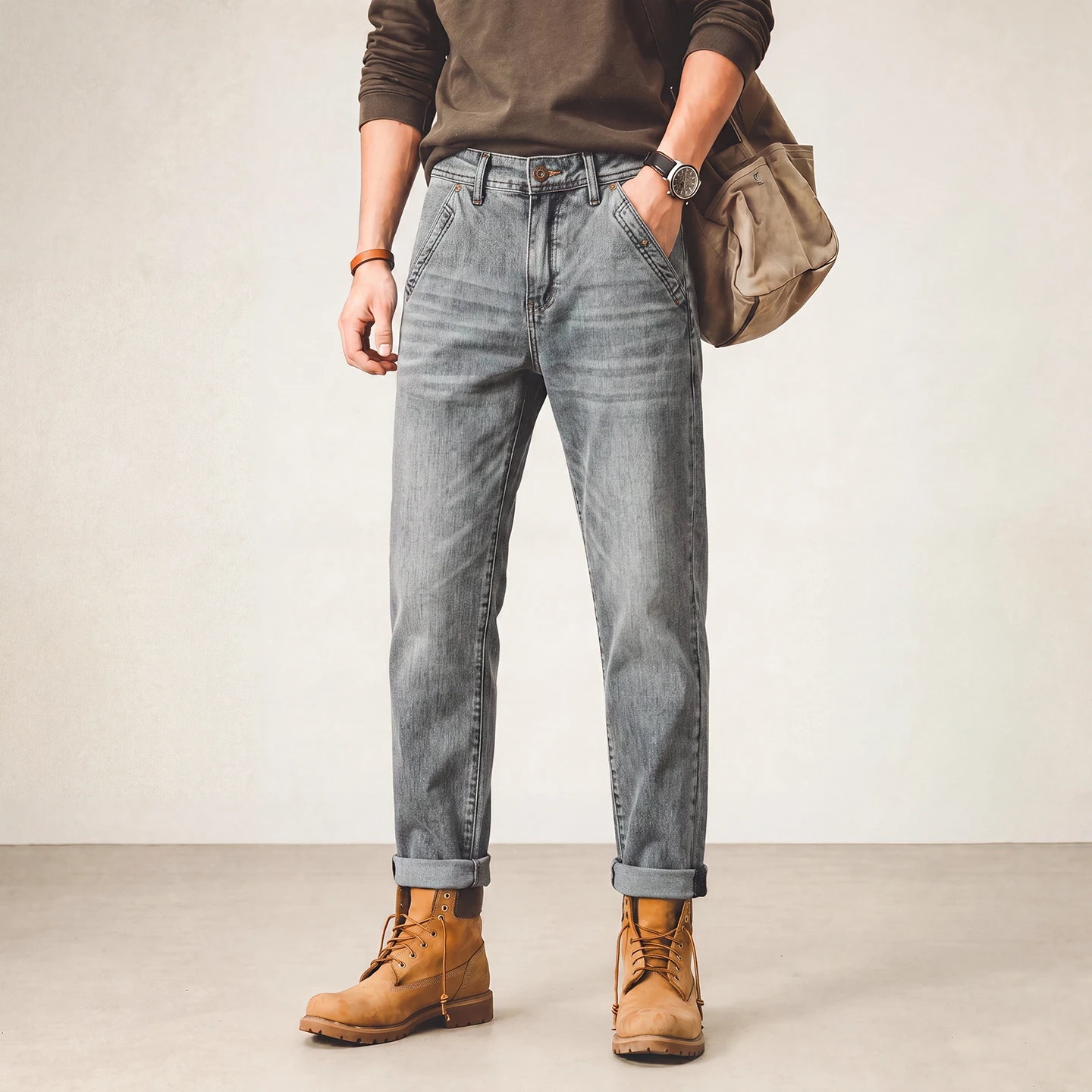 High Quality Clothing Men's Slim Straight Gray Jeans Classic Flap Pockets American Vintage Gray Denim Pants Harajuku Trousers