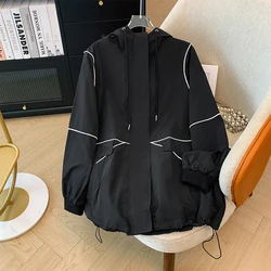 plus size woman Spring autumn hooded zipper mid long windbreaker  black large pockets loose fashion drawstring windproof jacket