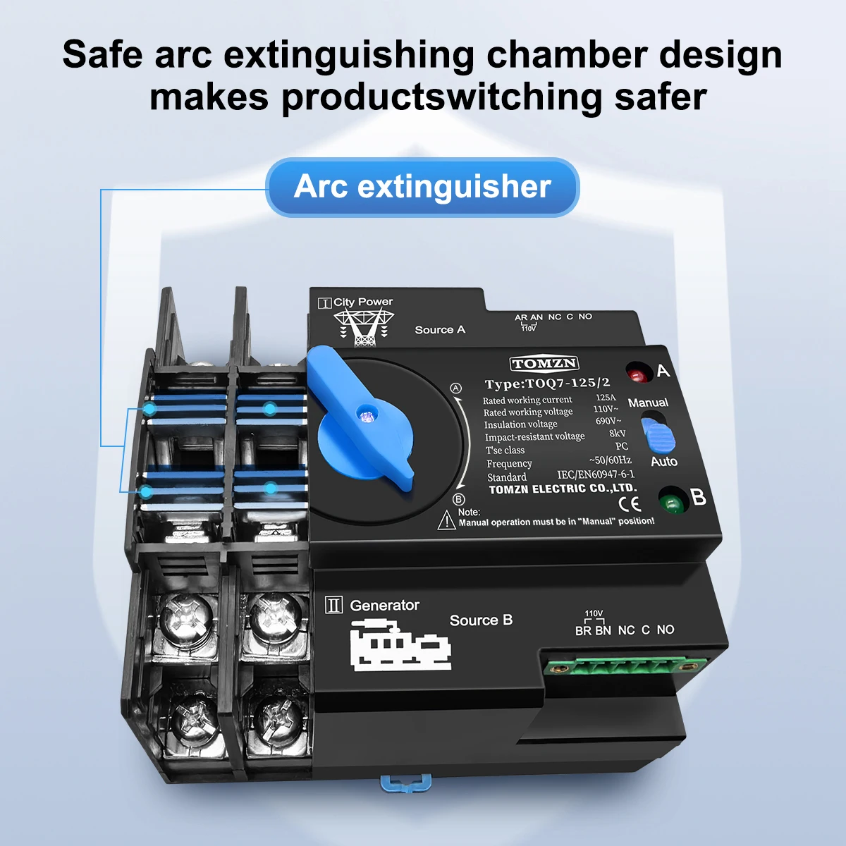 TOMZN DIN Rail ATS 110V 120V Dual Power Automatic Transfer Electrical Selector Switch Uninterrupted 2P 63A 100A 125A