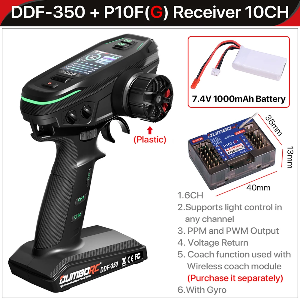 DUMBORC 2.4G 10CH Radiocomando Digitale Trasmettitore DDF-350 con Ricevitore per RC Auto Barca Serbatoio LCD Sistema FHSS