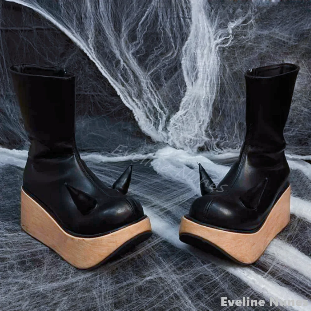Wooden Wedges Mid Calf Boots Women Cow Horn Round Toe Leather Side Zipper High Top Novelty Catwalk Boots New Punk Modern Boots