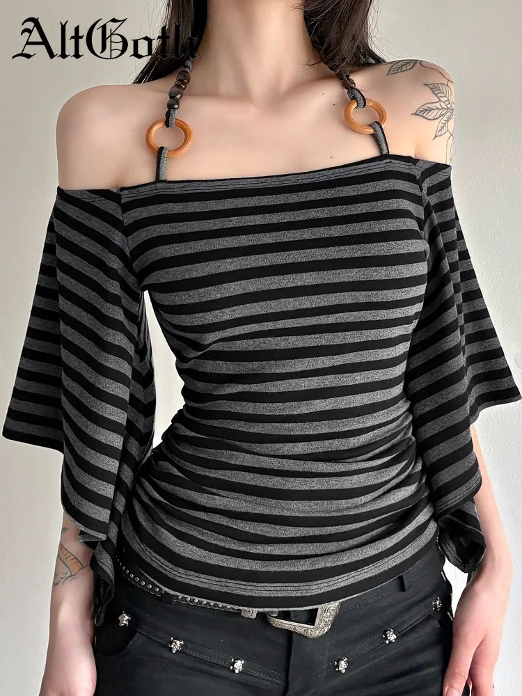 AltGoth Chic Vintage Striped T-shirt Women Aesthetic Fairycore Grunge Elegant Y2k One-off-shoulder Flare Sleeve Halter Tee Tops