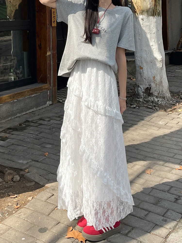 

Vintage Patchwork Long Skirt Summer White Lace Layered Skirt Women's Fashion High Waisted A-line Skirt 2025 Korean Clothes