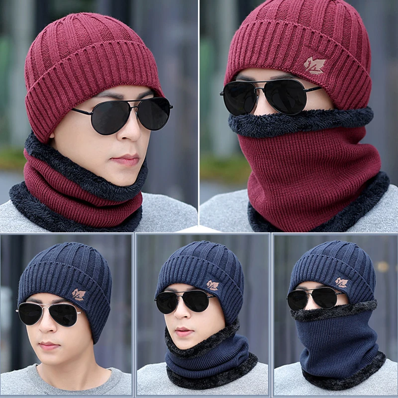 Fashion Winter Beanies Hats Scarf Set Men Black Blue Gray Red Khaki Knitted Balaclava Beanie Mufflers Cap Mouth Neck Warmer F007