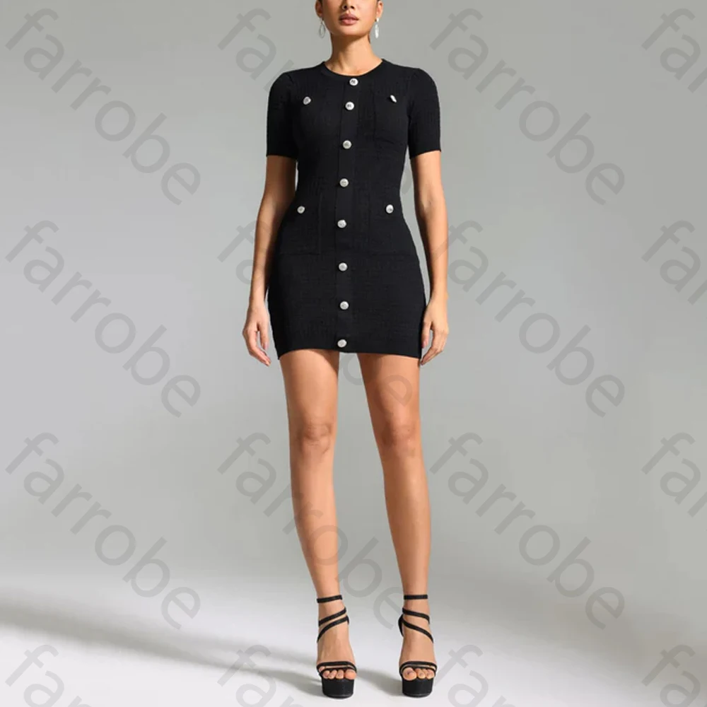 

Elegant Black Short Sleeves Cocktail Dresses Crew Neck Knitted Mini Dress Exquisite High Quality Sexy Prom Party Gown Customized